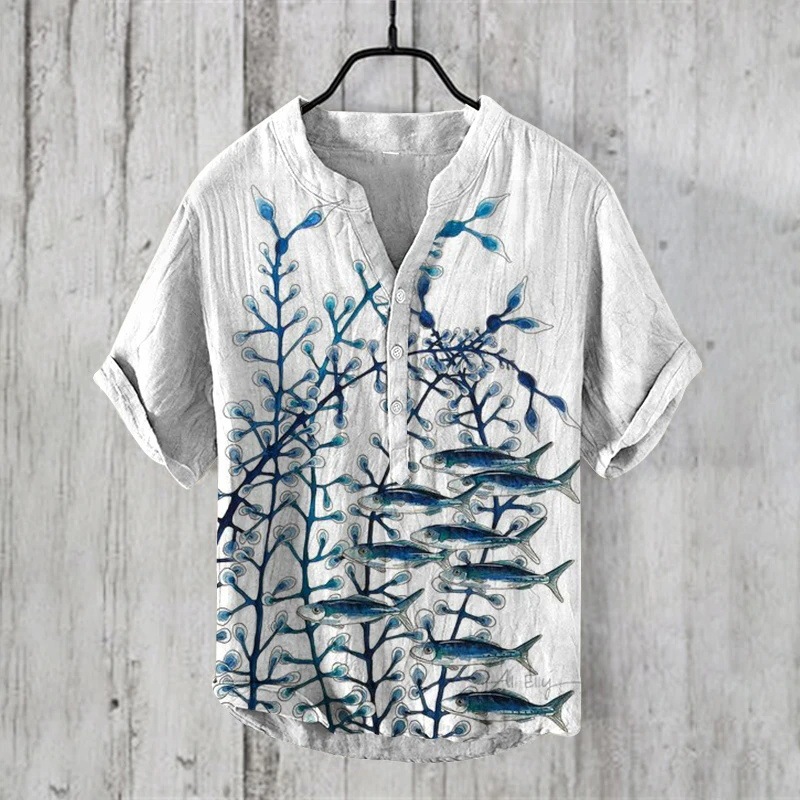 Summer Beach Casual Men's Wear Short-Sleeved V Neck Pullover Shirt 3D Digital Printing Landscape Painting Summer Beach Casual Men's Wear Short-Sleeved V Neck Pullover Shirt 3D Digital Printing Landscape Painting