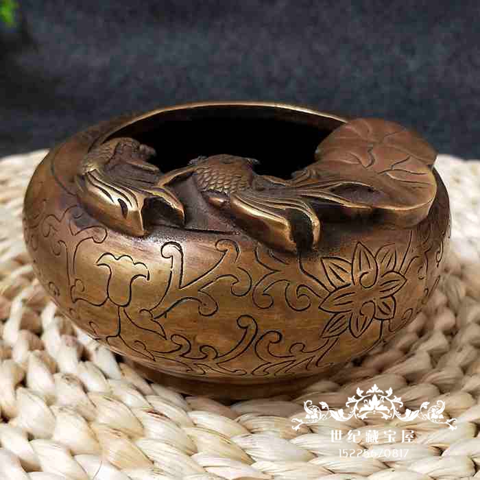 Boutique antique old pure copper ashtray Home decoration Brass Wenfang four treasures round goldfish pen wash ornaments
