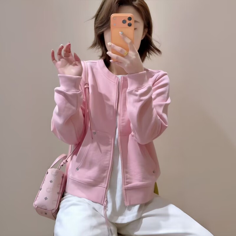 Spring New Style Pink Short Cotton Sweatshirt Jacket for Women, Loose Casual Versatile Zip-Up Cardigan, Sporty Style for Spring and Autumn