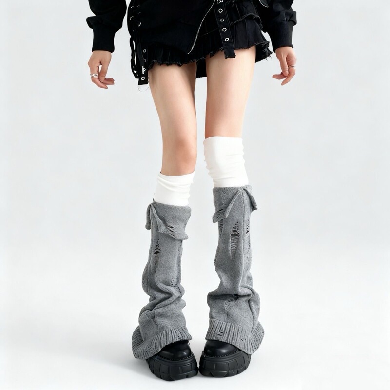 Japanese-Style Knitted Cuffed Socks, New Y2K Autumn and Winter Subculture, Open and Ruched, Cute Ripped Versatile Gray Sock Covers