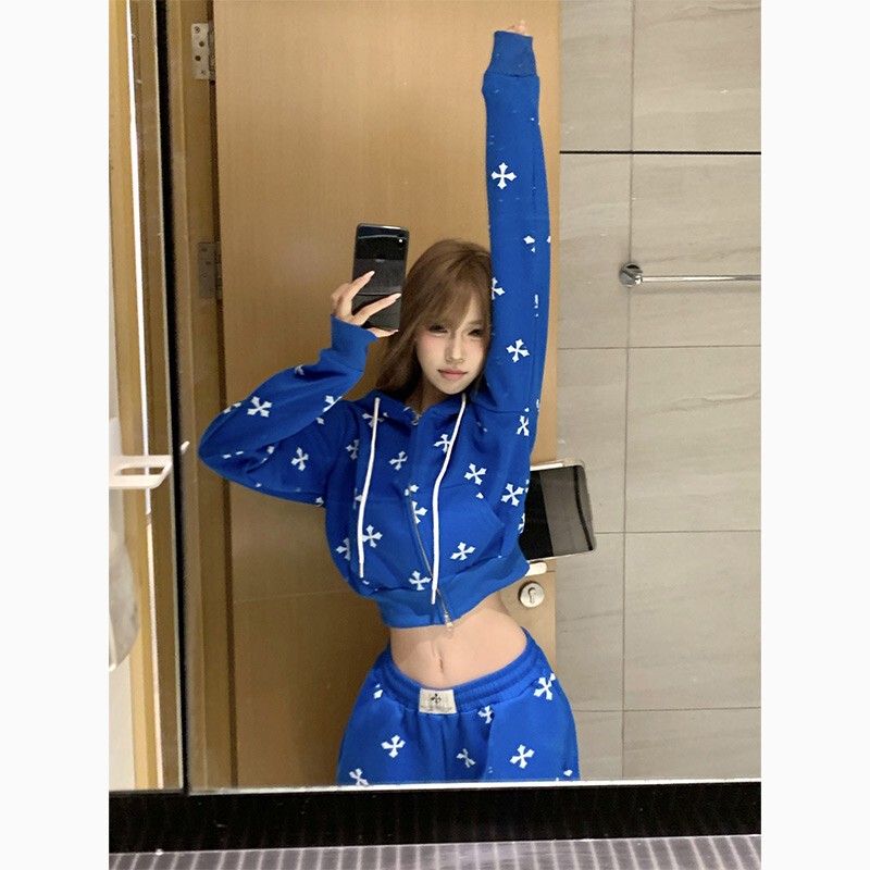 Turned American Retro Gothic Style Hooded Sweatshirt for Women, New Spring Hot Girl Jacket, Slimming Blue Top, Trendy Turned American Retro Gothic Style Hooded Sweatshirt for Women, New Spring Hot Girl Jacket, Slimming Blue Top, Trendy