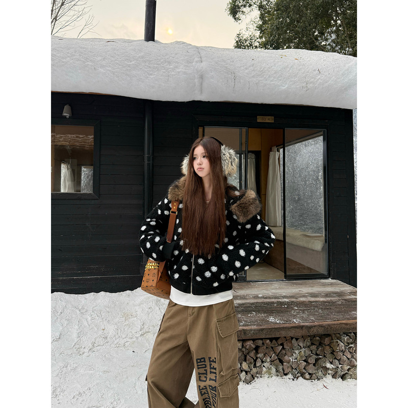 Ounng American-Style Polka-Dot Lamb Wool Short Detachable Fur Collar Warm Cotton Jacket for Women, New Autumn and Winter Cardigan Coat