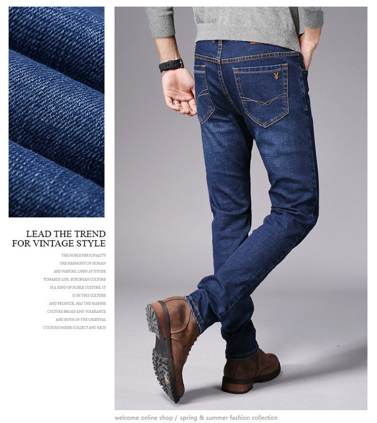 Playboy cộng với quần jean dày nhung nam mùa thu đông kéo dài thẳng quần dày kinh doanh bình thường quần jean nam