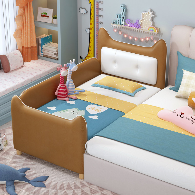 Children's stitching bed with guardrail boy single bed side widening stitching big bed baby cot solid wood baby leather bed