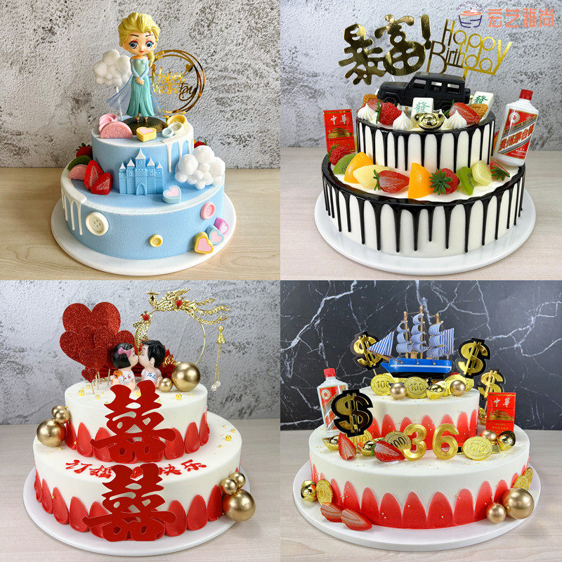 2022 New Pop Network Red Storm Rich Wedding Engagement Fruit Cartoon Double Layer Cake Model Simulation Sample Customization