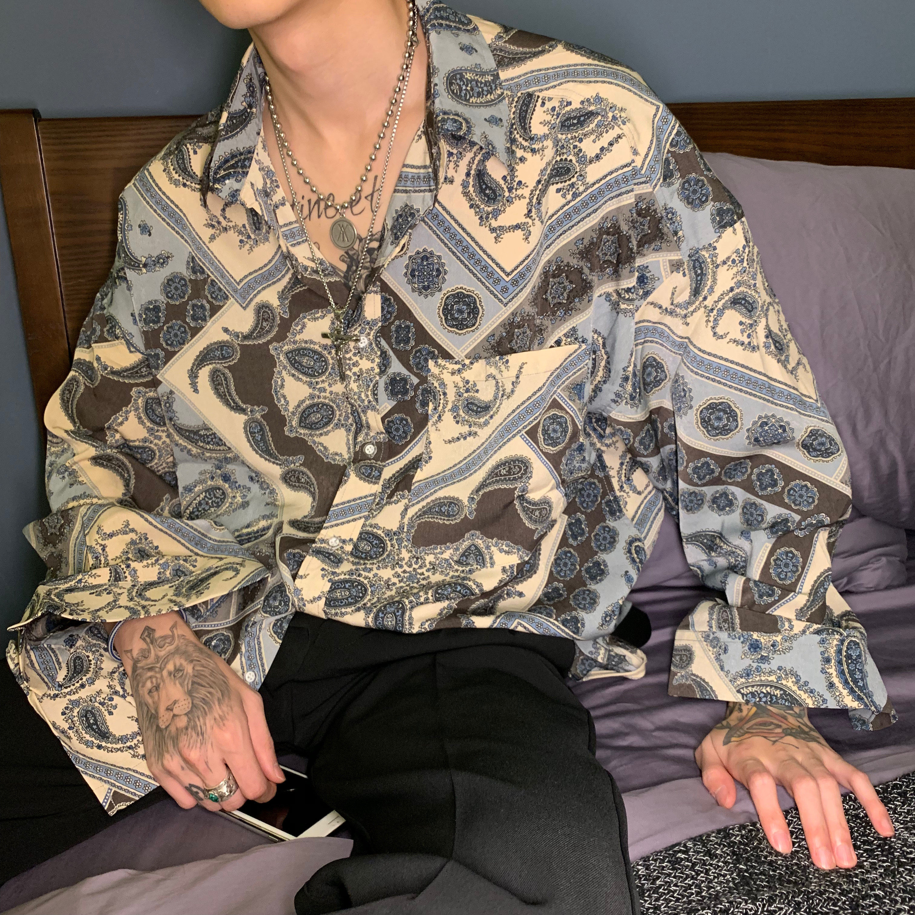 cuibuju 21ss spring and autumn Korean version cashew flower loose shirt men's retro totem print long-sleeved shirt tide