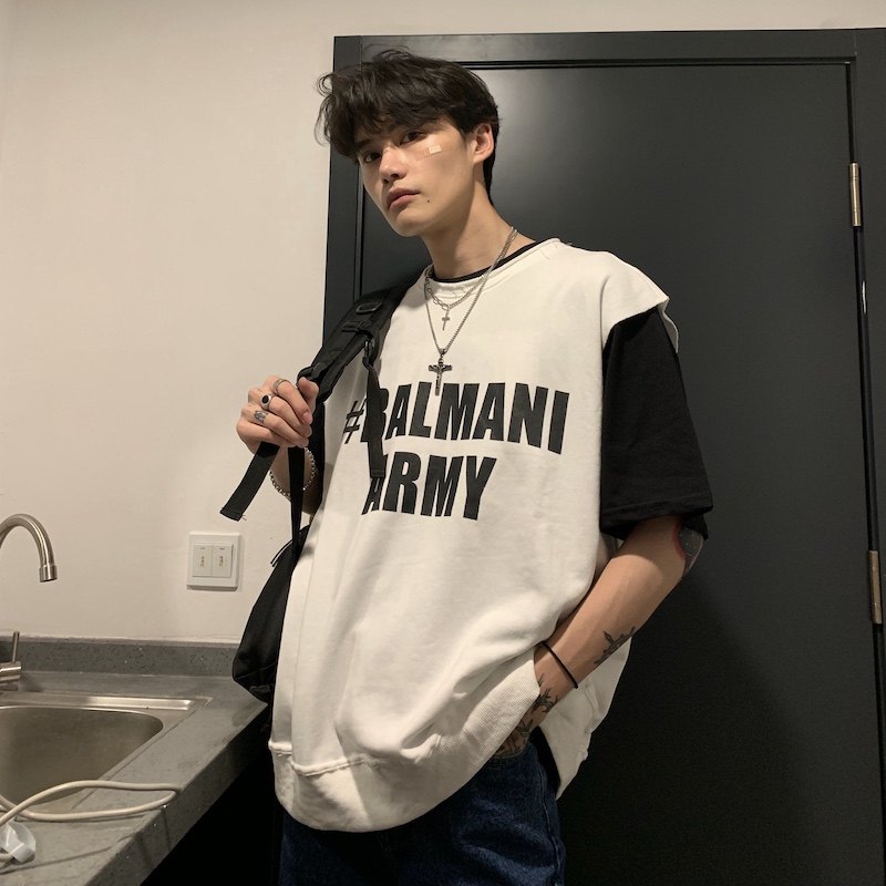 cuibuju ins Summer Korean version for men Loose Letters Printed Kan Shoulder Vest Movement Sleeveless Pure Cotton T-shirt Tide