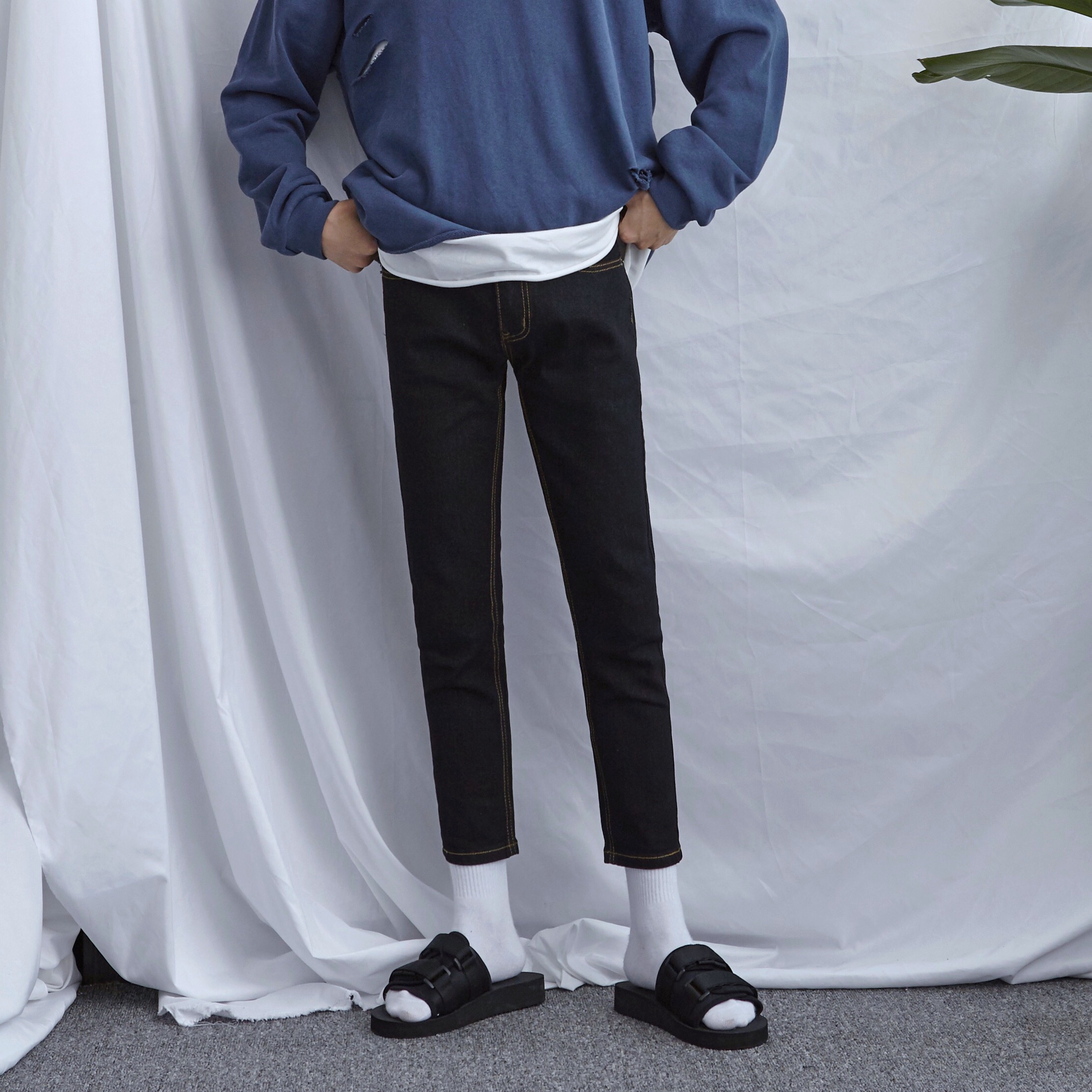 MALEstudios韩版新款GD权志龙同款黑色九分牛仔裤男小脚修身裤子