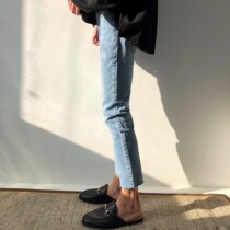 cuibuju 20ss four seasons all-match Korean version slim nine-point pants mens raw edge jeans small pants tide