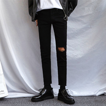 cuibuju 20 mens Korean version of the hole jeans mens 9 points small feet youth slim trend black nine-point pants