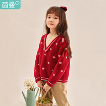 Inman boy dress girl sweaters red lovehead foreign air children fake two-knitted sweatshirt V collar warm sweatshirt autumn and winter