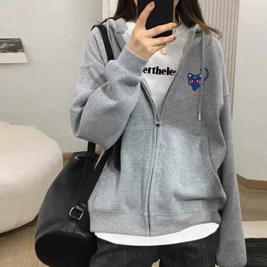 Shandong Jimo Pure Cotton Hooded Sweatshirt for Women, High-End Casual Fleece-Lined Thickened Zipper Simple Student Versatile Jacket
