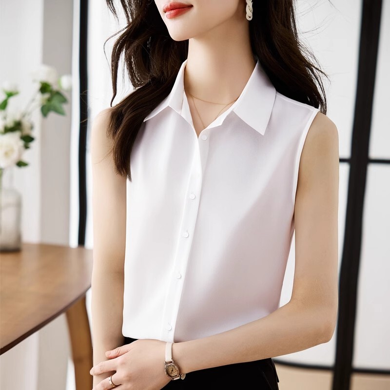 White Shirt, Women's Sleeveless Top, Lapel, High-End Chiffon Shirt, Women's Spring and Summer Suit Base Vest White Shirt, Women's Sleeveless Top, Lapel, High-End Chiffon Shirt, Women's Spring and Summer Suit Base Vest