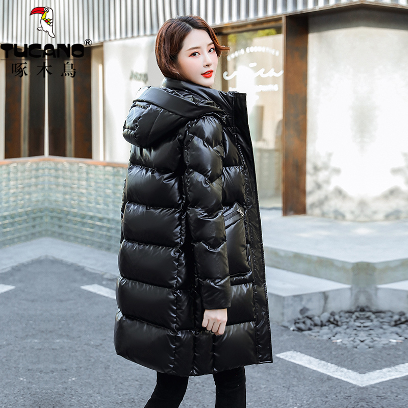 Woodpecker down Jacket for Women, Mid-Length, 2025 Winter New Style, White Duck Down, Glossy, No-Wash, Fashionable, Fleece-Lined, Hooded Coat