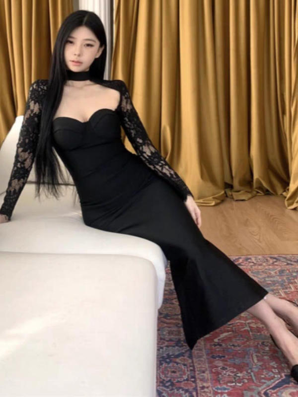 150kg Plus Size Sexy Slim-Fit Lace Patchwork Long-Sleeve Off-The-Shoulder Half-High Collar Solid Color Dress 150kg Plus Size Sexy Slim-Fit Lace Patchwork Long-Sleeve Off-The-Shoulder Half-High Collar Solid Color Dress