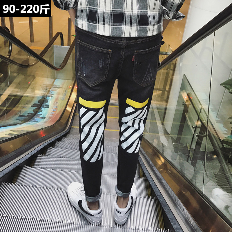 条纹牛仔裤男加肥加大码潮胖子韩版潮流修身青年小脚百搭个性秋季