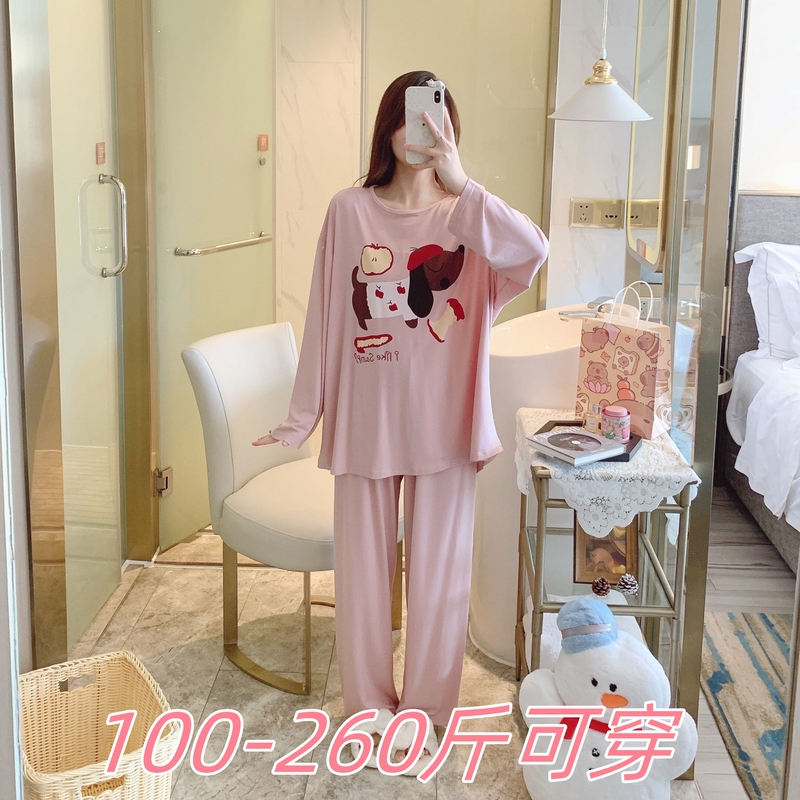 Xinyuqiong Extra Large Modal Pajama Set for Women, Spring and Autumn, Plus Size 100kg Printed Loungewear for Women