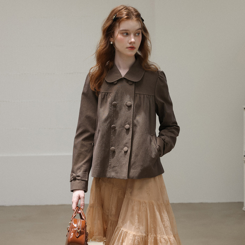Autumn New Coffee-Colored Doll Collar Jacket for Women, Double-Breasted with Bow, French Retro Style Casual Short Top Autumn New Coffee-Colored Doll Collar Jacket for Women, Double-Breasted with Bow, French Retro Style Casual Short Top