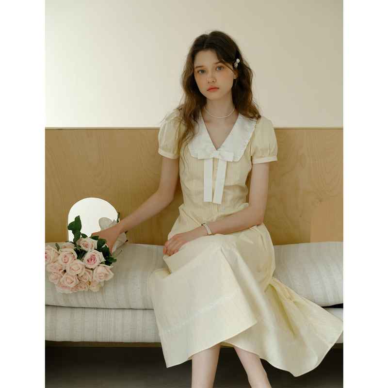 Isislove Cream Yellow Preppy Style Dress with Doll Collar, Bow Tie, Waist-Cinching, French Vertical Stripe Long Dress for Women, Summer Isislove Cream Yellow Preppy Style Dress with Doll Collar, Bow Tie, Waist-Cinching, French Vertical Stripe Long Dress for Women, Summer