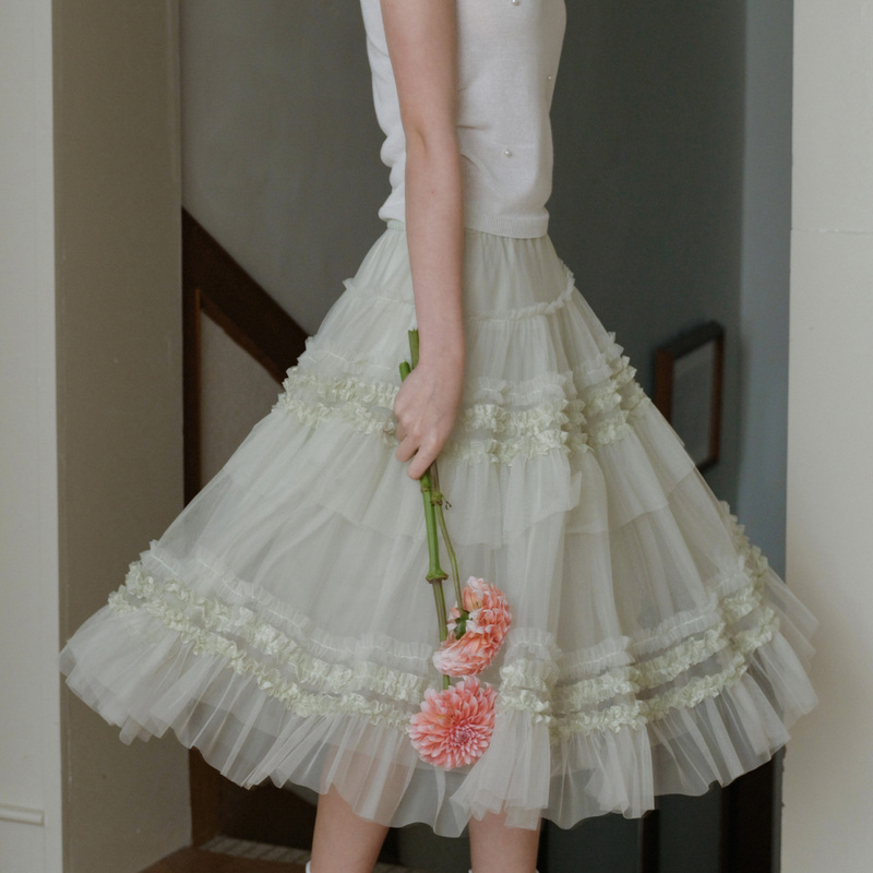 2026 Forest-Style Light Green Mesh Skirt for Women, Summer Multi-Layered Ruffle Lace Cake Skirt, High-Waisted, Large Hem, Mid-Length Skirt