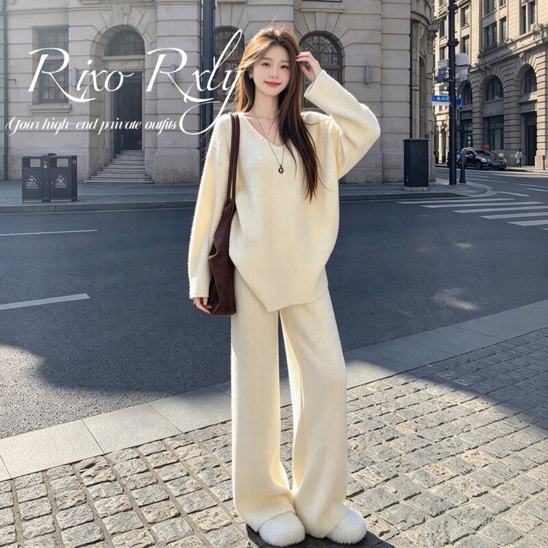 Rixo Rxly Salt-Style Knitted Suit for Women in Autumn and Winter, Loose V-Neck Top, Wide-Leg Pants, Casual Age-Reducing Two-Piece Set Rixo Rxly Salt-Style Knitted Suit for Women in Autumn and Winter, Loose V-Neck Top, Wide-Leg Pants, Casual Age-Reducing Two-Piece Set