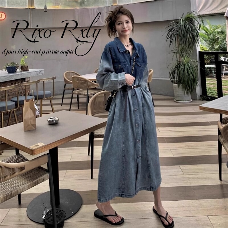 Rixo Rxly Lazy Style Tie-Dye Gradient Denim Dress Women's Autumn and Winter Plus Size Long-Sleeved Shirt Long Skirt Rixo Rxly Lazy Style Tie-Dye Gradient Denim Dress Women's Autumn and Winter Plus Size Long-Sleeved Shirt Long Skirt