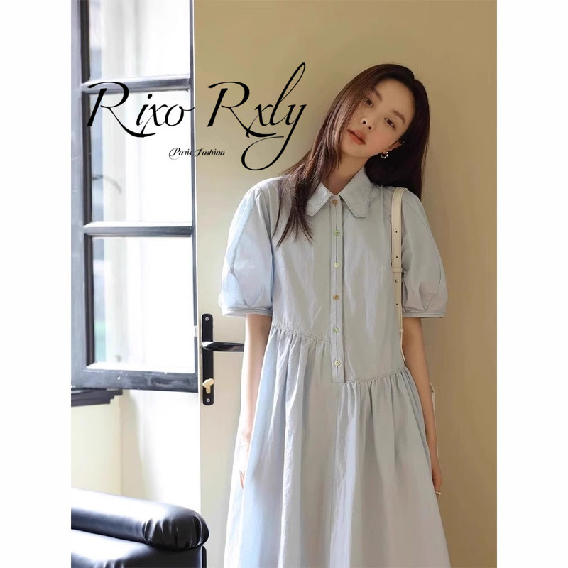 Rixo Rxly Retro High-End Polo Collar Blue Dress Women's Summer Petite Work Clothing Shirt Dress Long Skirt