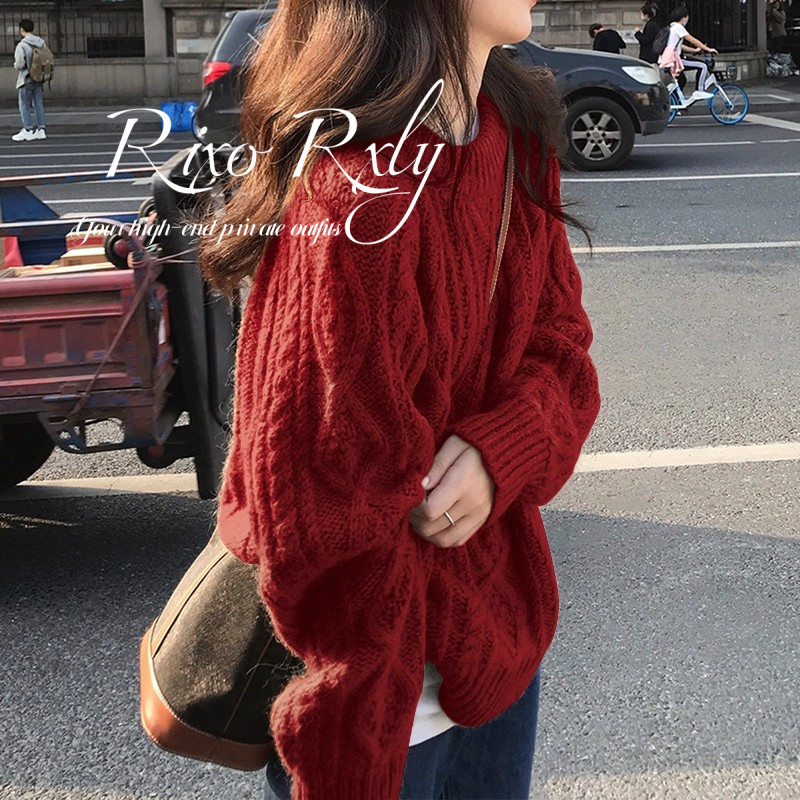 Rixo Rxly Pullover Women's French Lazy Style Bottoming Red Sweater Autumn and Winter Loose Retro Round Neck Twist Sweater