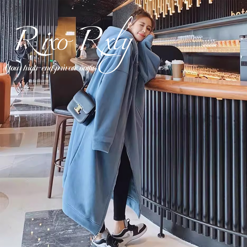 Rixo Rxly Fleece-Lined Thick Hooded Cardigan Sweatshirt Dress for Women, Autumn and Winter, Plus Size, Loose Fit, Mid-Length Dress