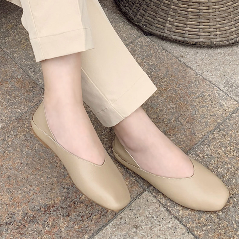 Retro Granny Shoes for Women, Genuine Leather, 2025 Spring Style, Korean Style, Versatile Half-Slip-On Slip-On Shoes, Square Toe Flat Shoes