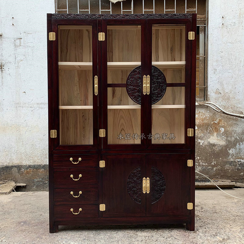New Chinese bookcase full solid wood fragrant camphor wood bookcase book room Three-door filing cabinet with glass carved flower containing cabinet set to be made