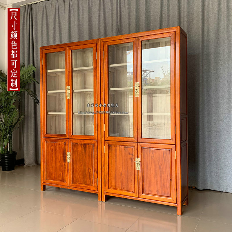 Full solid wood bookcase fragrant Zhangwood bookcase with glass door Book room cabinet New Chinese containing cabinet floor display case