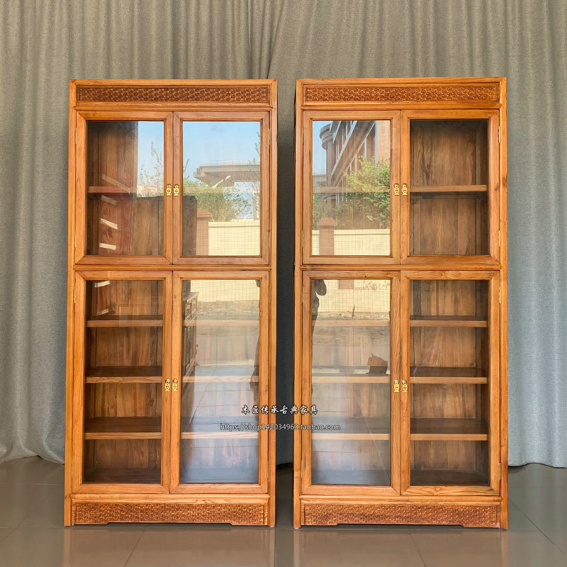 Chinese solid wood bookcase log bookcase glass cabinet floor-to-ceiling door display cabinet camphor wood locker library moisture-proof