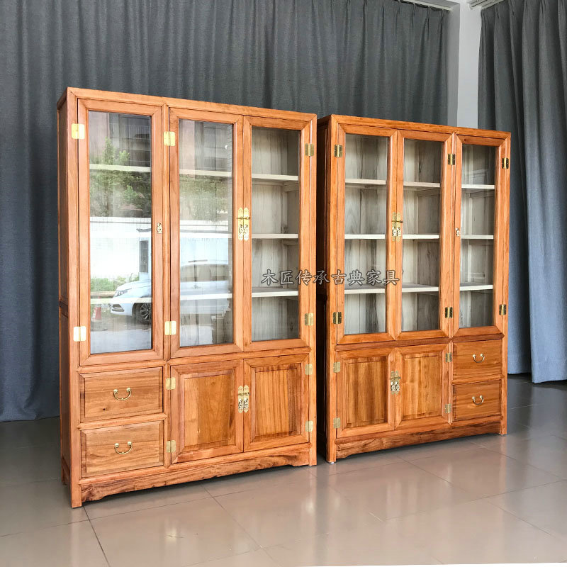 Camphor wood bookcase three doors with glass study file cabinet full solid wood storage cabinet new Chinese style bookcase customization