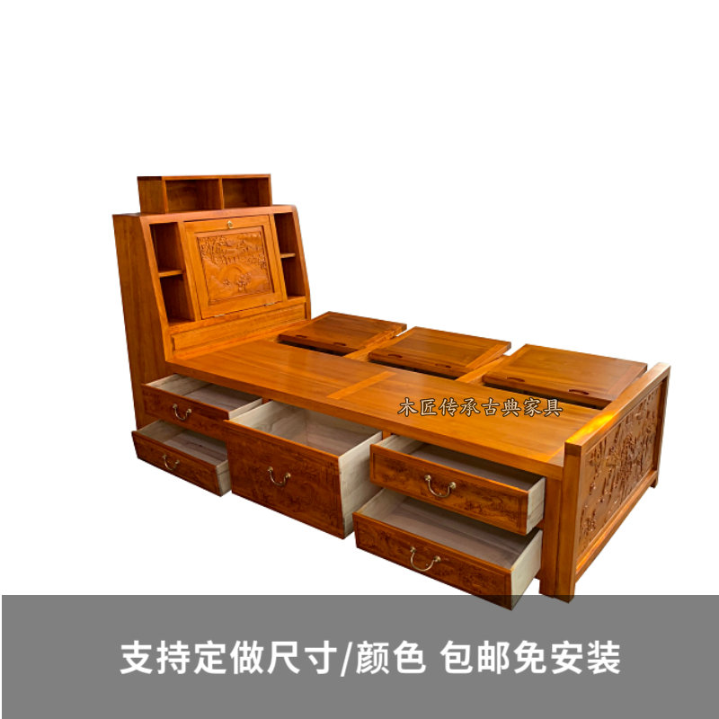 New Chinese solid wood single bed fragrant camphor wood flat bed with containing box children's bed small family type high box bed customisation