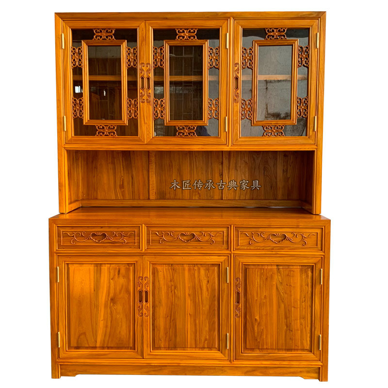 Chinese-style bookcase old elm entry porch locker carved three-door dining cabinet partition cabinet integrated against the wall custom-made