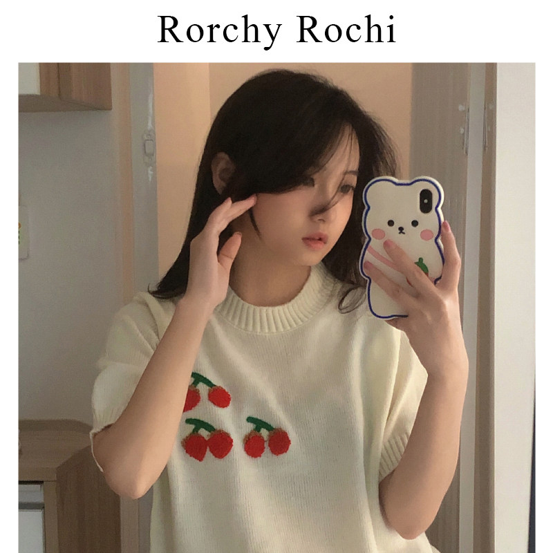Japanese white T-shirt women 2022 summer new round neck loose short sleeve cherry design feeling niche knit top