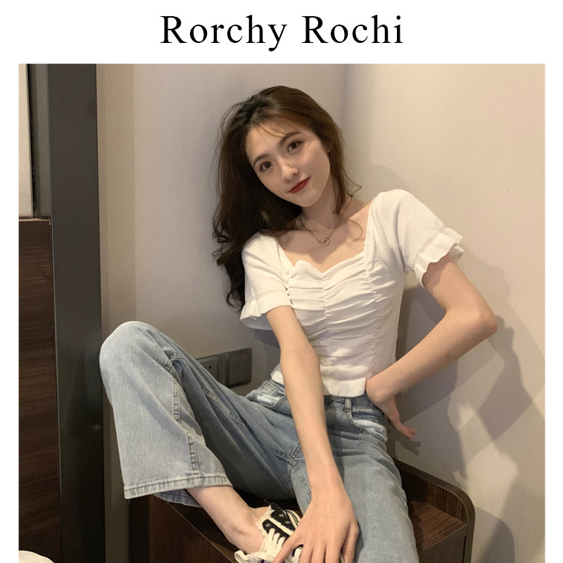 Japanese white shirt women's 2022 summer new French style short puff sleeve design small square collar top