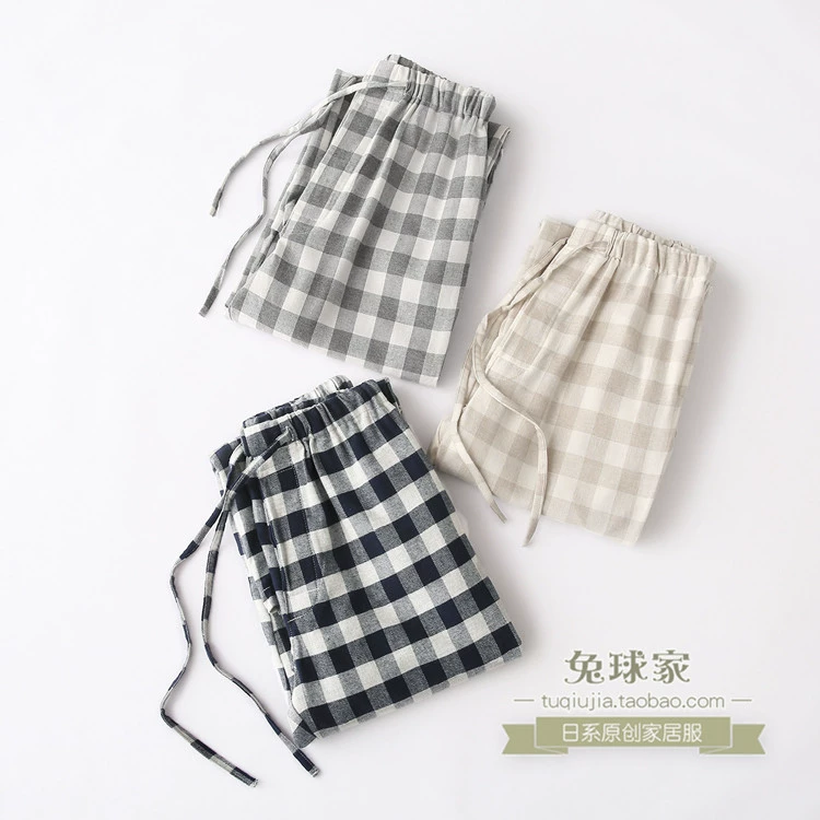 Wuyin mùa thu và mùa đông cặp đôi quần pyjama cotton tinh khiết bình thường lỏng chà nhám flannel bộ đồ ngủ ở nhà kẻ sọc có thể được mặc bên ngoài - Quần tây