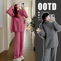 Maternity wear autumn and winter suit 2023 new sweater top design knitted sweater loose autumn and winter two-piece set