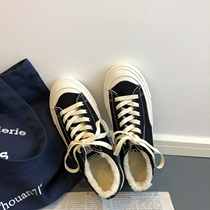 Lin Xiansan winter plus velvet canvas shoes womens sneakers two cotton shoes students Korean version all-match ulzzang black shoes