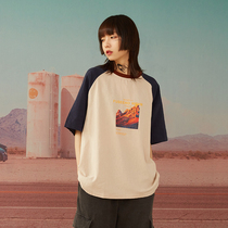 Gravity Museum) Raglan sleeve small printed short-sleeved T-shirt female student loose BF wind far and near fishing with the same