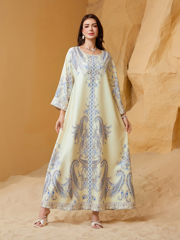 European and American New Style Home Long Dress, Travel Women's Long Dress, Beaded Printed Long Dress Dresses Woman