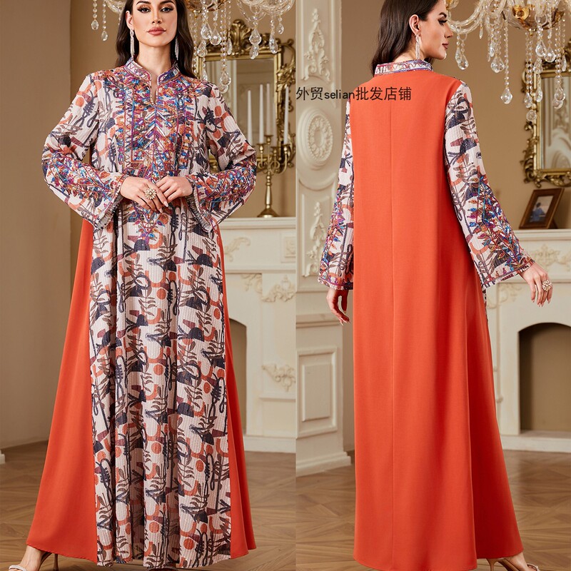 European and American New Style Embroidered Ethnic Style Printed Dress Jalabiya Long-Sleeved Evening Dress Dresses Woman