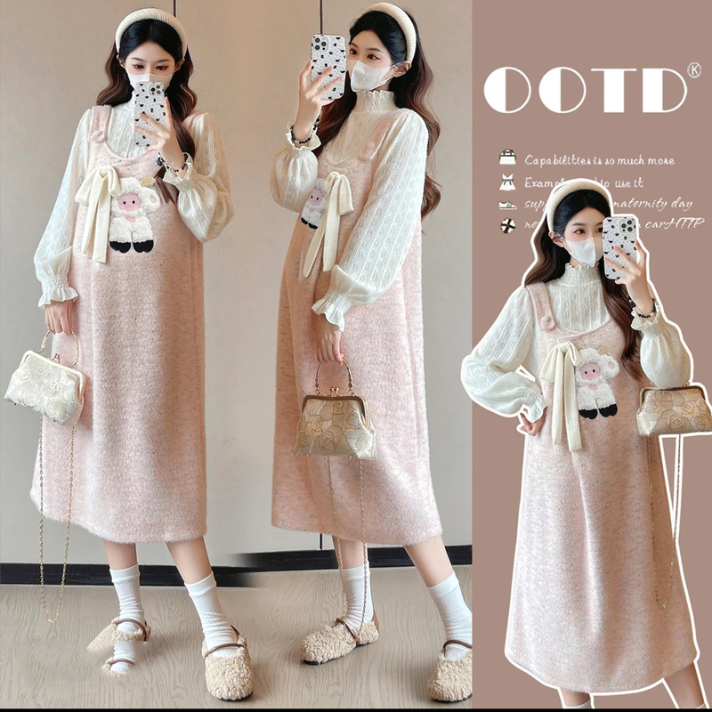 Maternity Wear, Sweet and Cute Style, Pink Lamb Suspender Skirt Suit, Women's Autumn and Winter Age-Reducing Knitwear, Woolen Dress