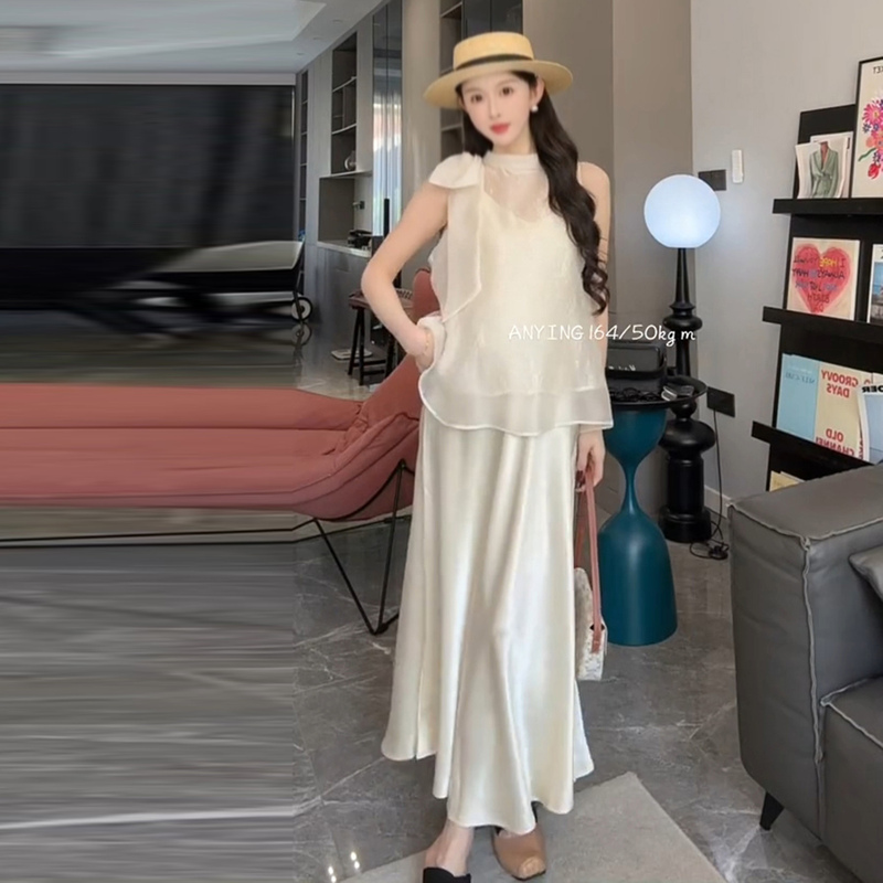 Maternity Wear Summer New Dress Set, Elegant and High-End, Sleeveless Bow Top and Suspender Skirt Two-Piece Set