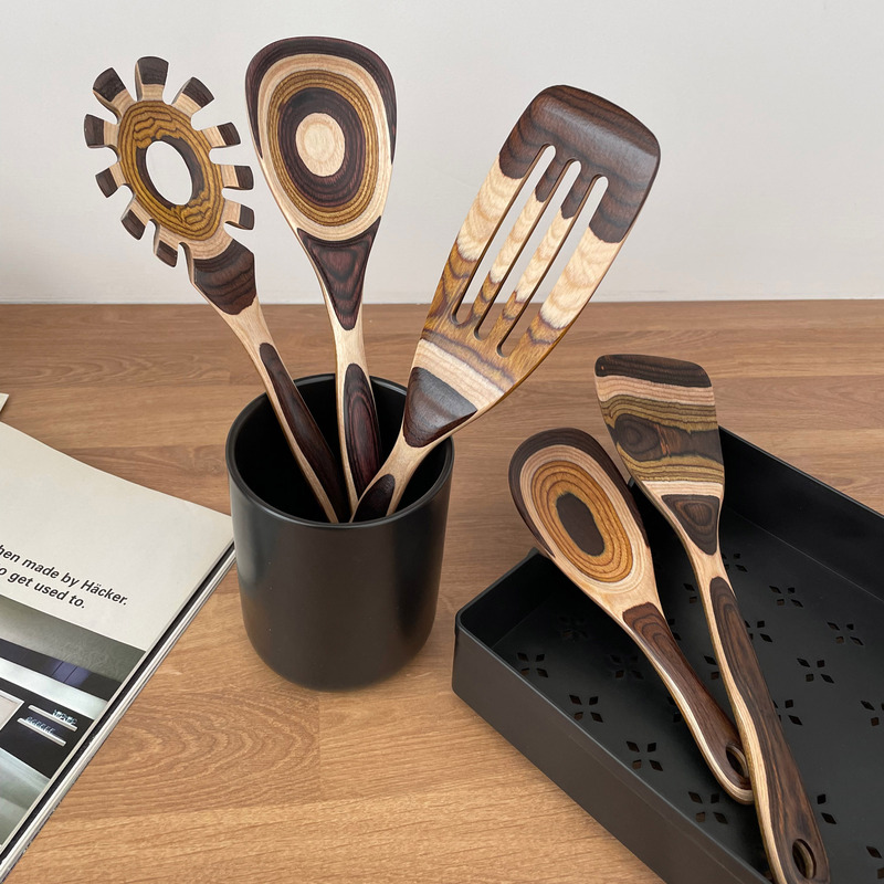 Vintage Moroccan-Style Gradient Wood Kitchen Spatula Set ins Retro Kitchen Utensils Spatula Rice Spoon Colander Set