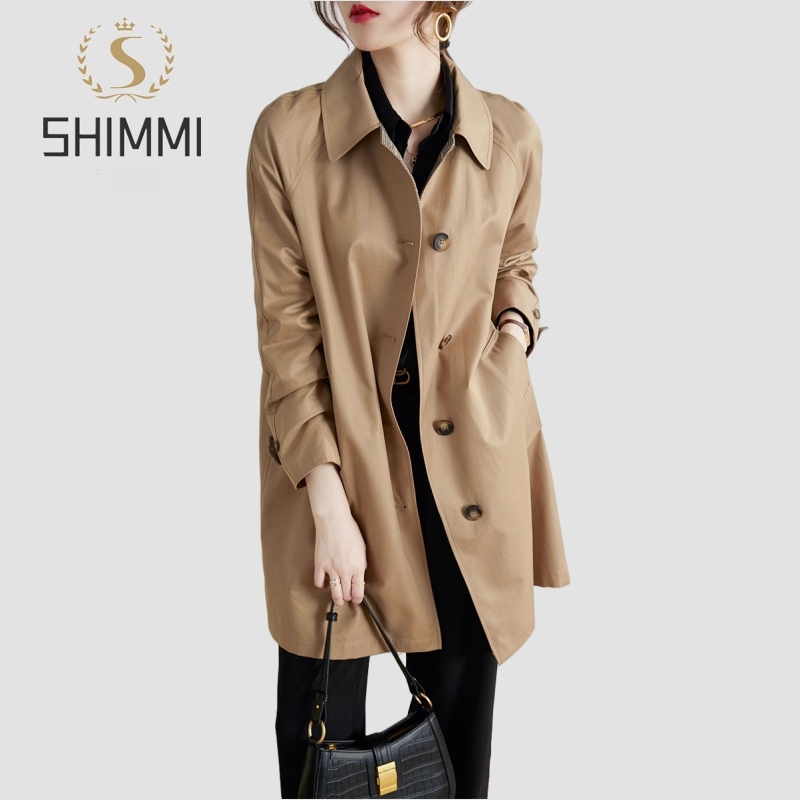 Shimmi Women's Clothing 2025 Spring and Autumn Simple and Elegant Casual Fashion Versatile British Style Single-Breasted Lapel Trench Coat