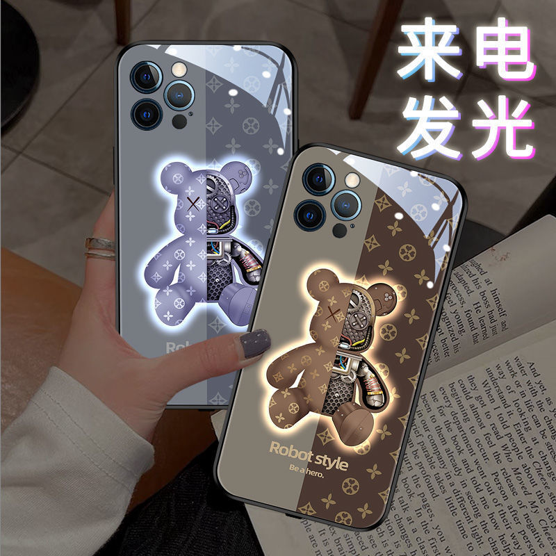 Suitable for the New Apple 17 Pro Max, Incoming Call Flash Sound Control Luminous iPhone 13 Phone Case, 16P Glowing Case, 11 Pro Plush Bear, XS Max, 15 Trendy Incoming Call Luminous Glass Phone Case