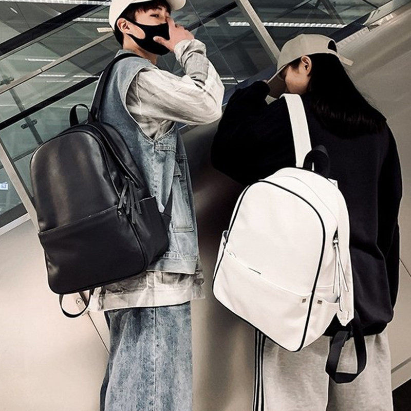 Korean version of the trendy PU leather backpack men's Harajuku style simple leather high school student schoolbag solid color casual backpack